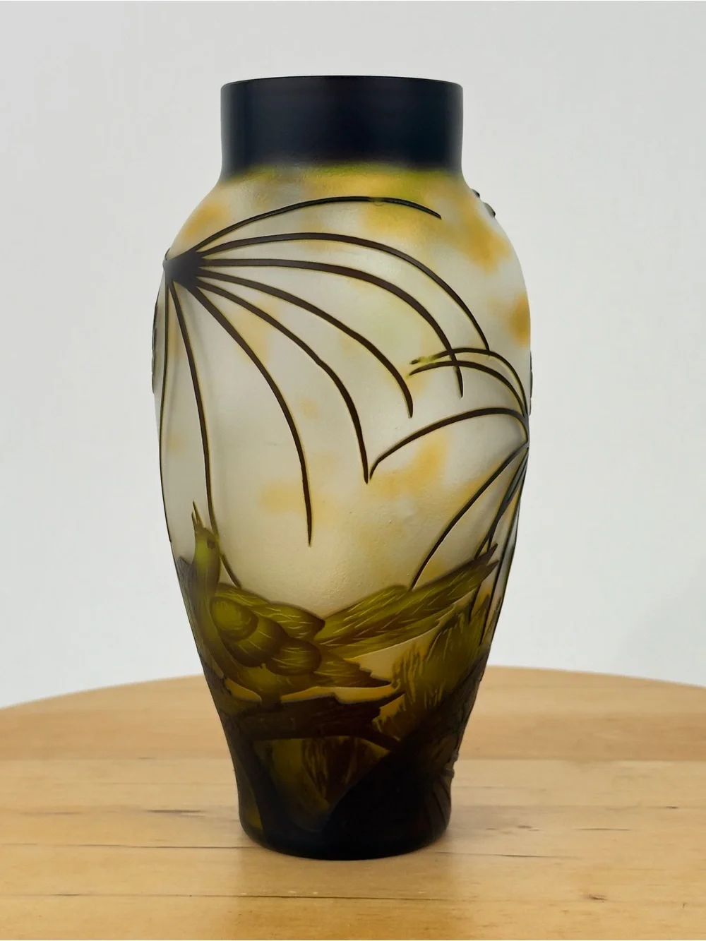 Art Nouveau Style Chinese Peking Cameo Overlay Glass Vase Hand Carved Bird/ Tree